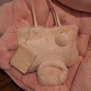 New Elegant Pink  Faux Fur Tote Bag Set